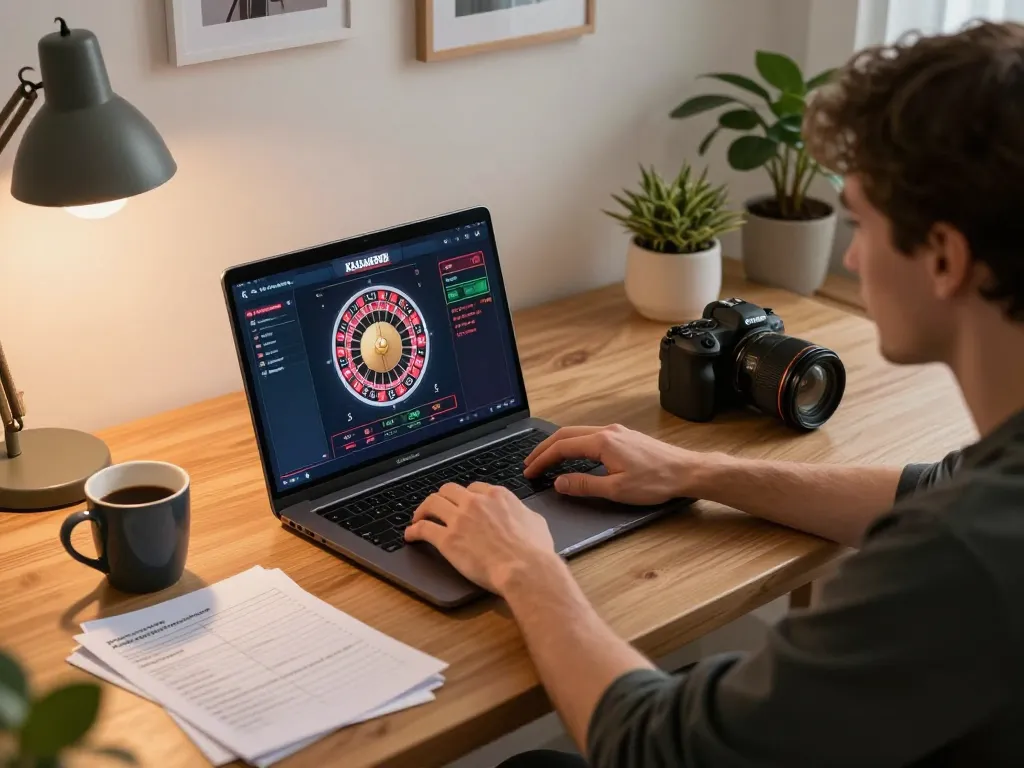 Pemandangan menarik dari set permainan online KAISAR888 dengan laptop menampilkan roulette dealer langsung, menekankan permainan strategis