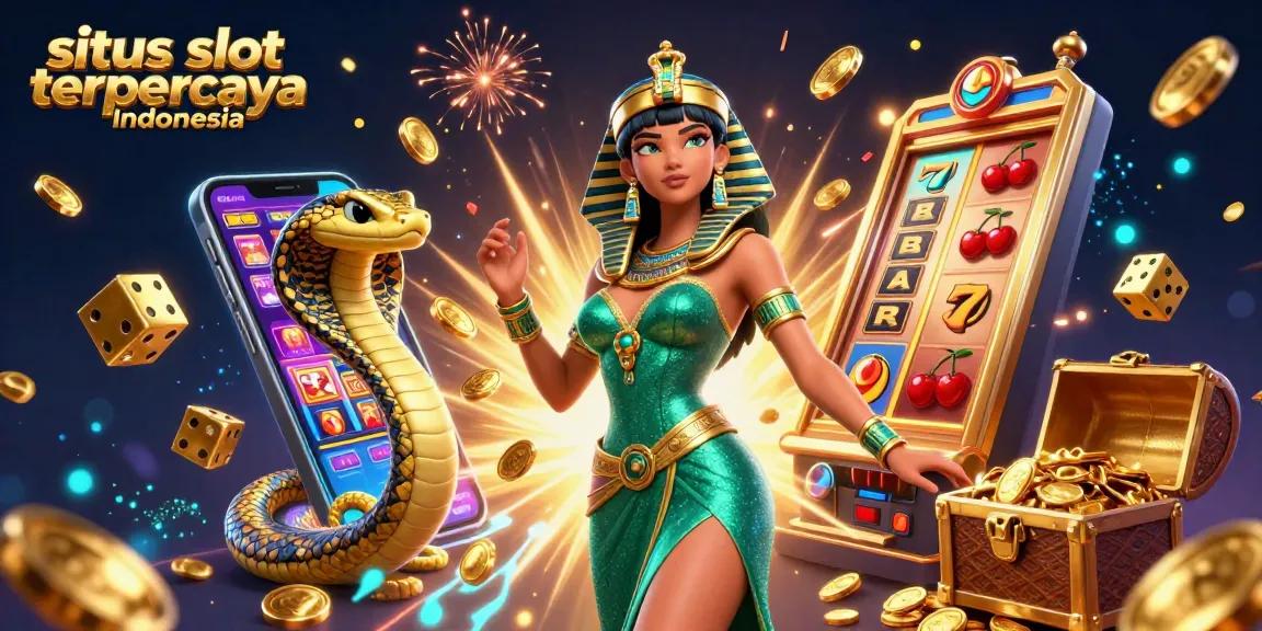 Spin jackpots at situs slot terpercaya Indonesia with vibrant 3D visuals of slot machines and gold coins.