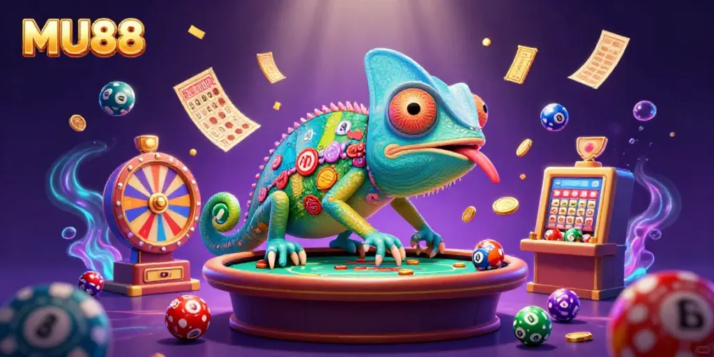 Experience the excitement of MU88 through a vibrant 3D chameleon casino scene with dynamic gaming elements.