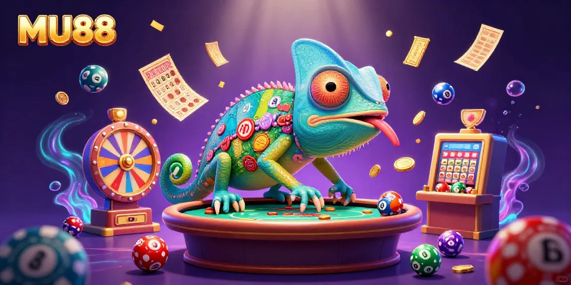 Experience the excitement of MU88 through a vibrant 3D chameleon casino scene with dynamic gaming elements.