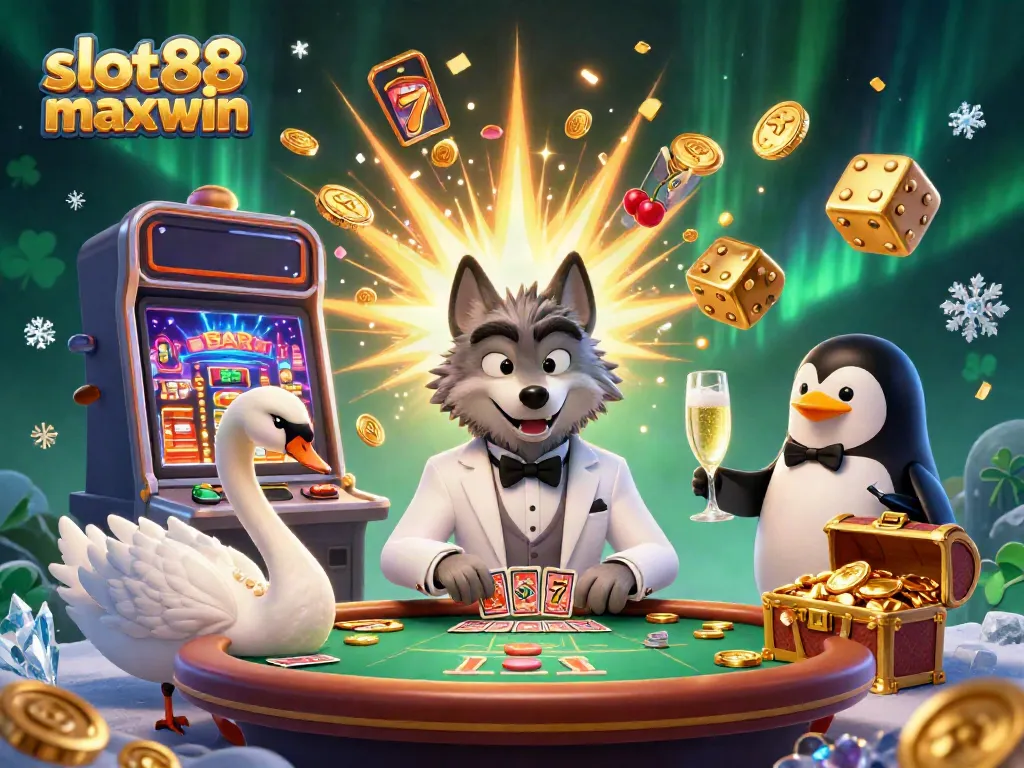 Engage in thrilling gaming with slot88 maxwin at an extravagant casino scene featuring a wolf, swan, and penguin.