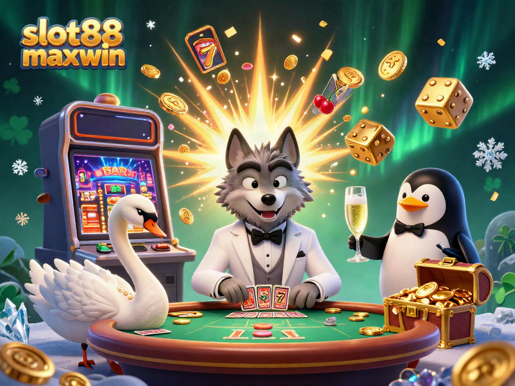Engage in thrilling gaming with slot88 maxwin at an extravagant casino scene featuring a wolf, swan, and penguin.