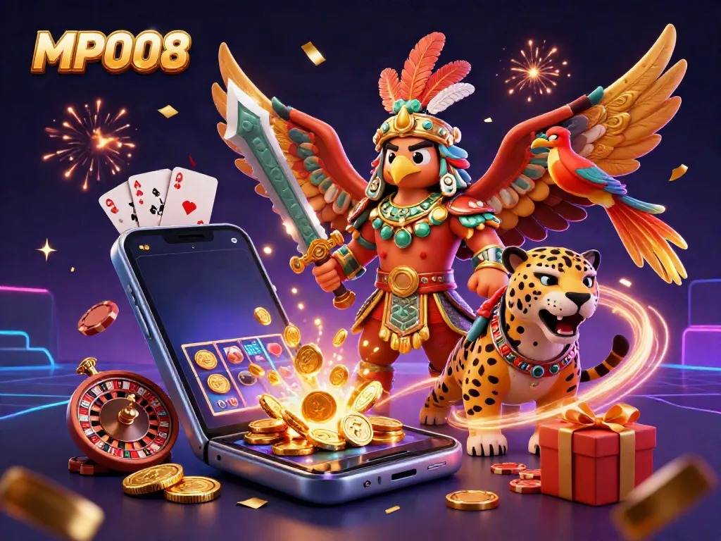 MPO08 features a vibrant 3D scene with an Aztec warrior and dynamic casino elements, celebrating the thrill of online gambling.