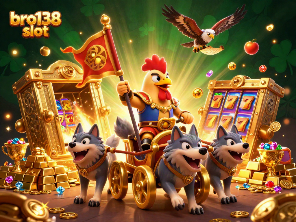 Engage with bro138 slot featuring a cartoon rooster warlord amidst a dynamic treasure-filled scene.