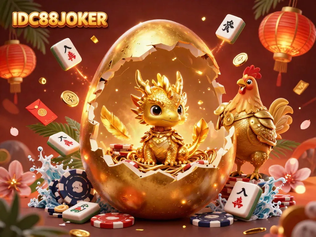 Engage with good fortune at IDC88JOKER as a golden dragon emerges amidst vibrant casino elements