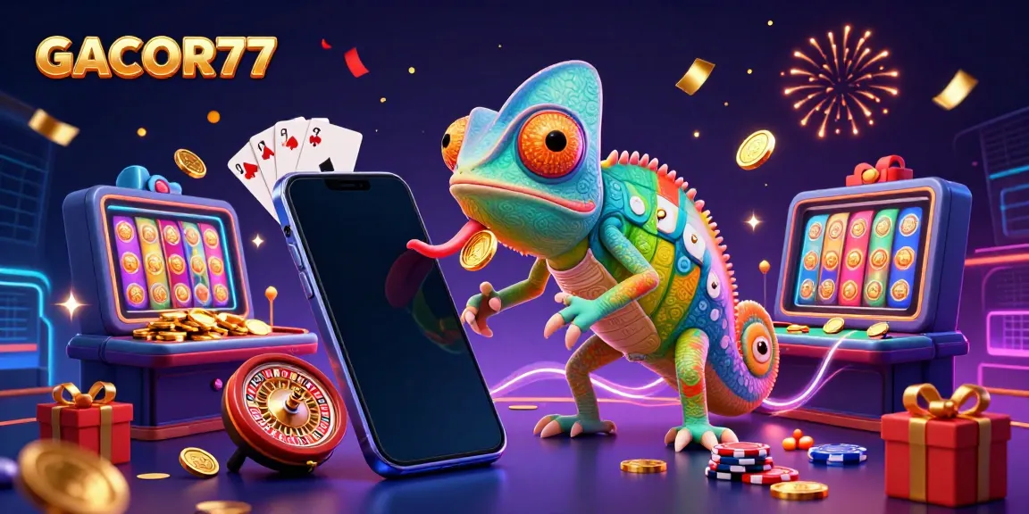 GACOR77 menghadirkan pemilik kasino chameleon yang menggemparkan dengan koin emas terbang saat memainkan permainan slot.