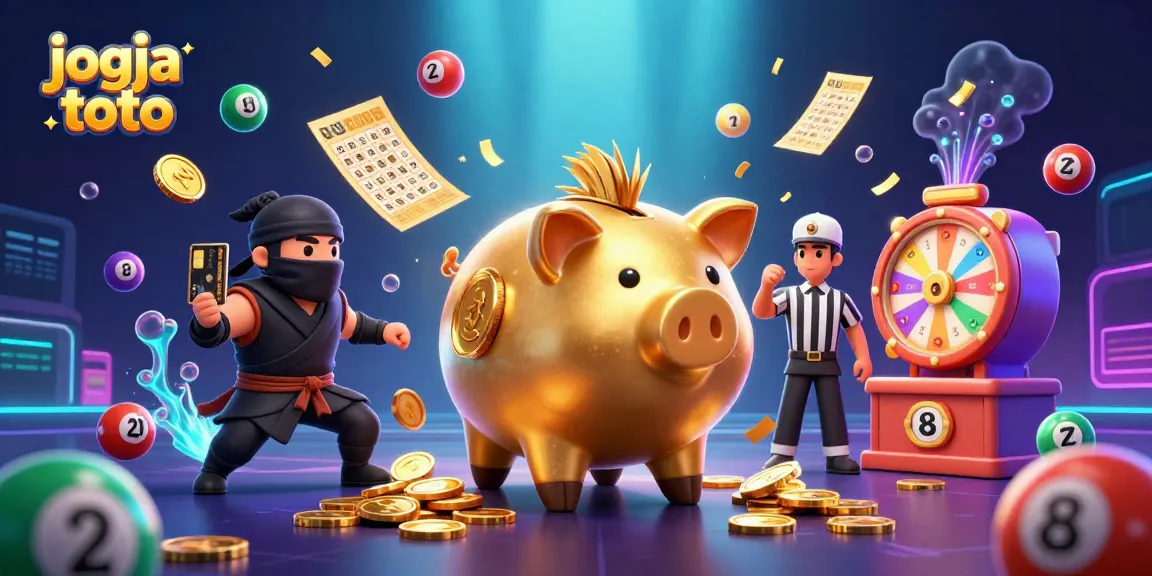 Engaging jogja toto scene with a golden piggy bank sumo wrestler surrounded by lottery elements