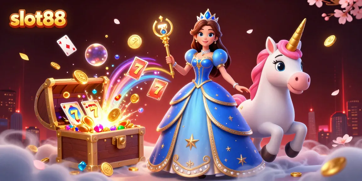 Spin the reels and win big with slot88 in this mesmerizing casino scene featuring treasure and enchanting characters.