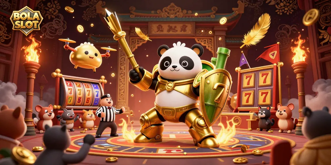 BOLA SLOT showcases an exciting 3D casino scene with a mech-suit panda and slot elements.