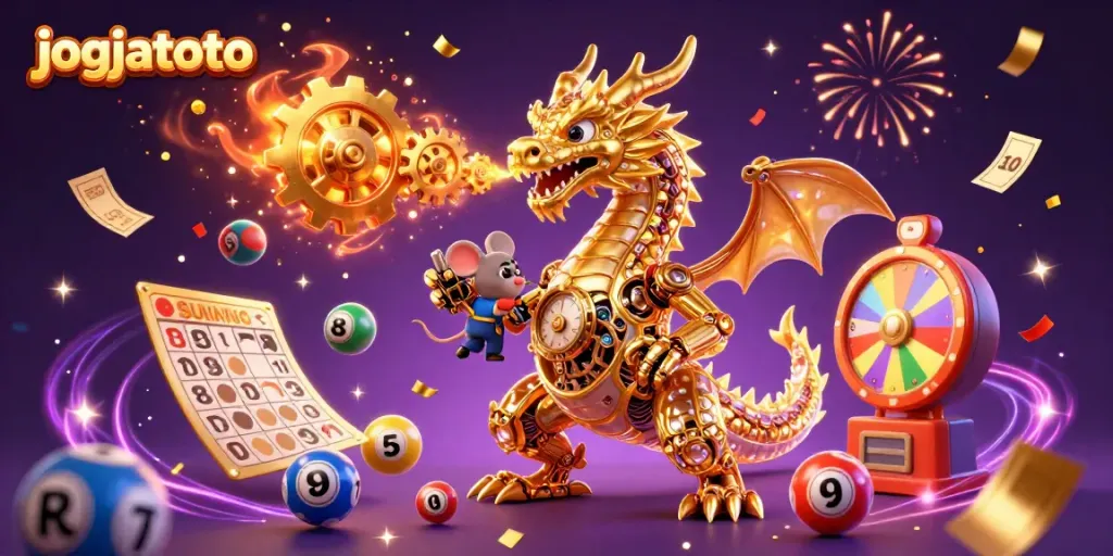 Engage with the magical world of jogjatoto, where games and luck come alive in a swirling colorful illustration.