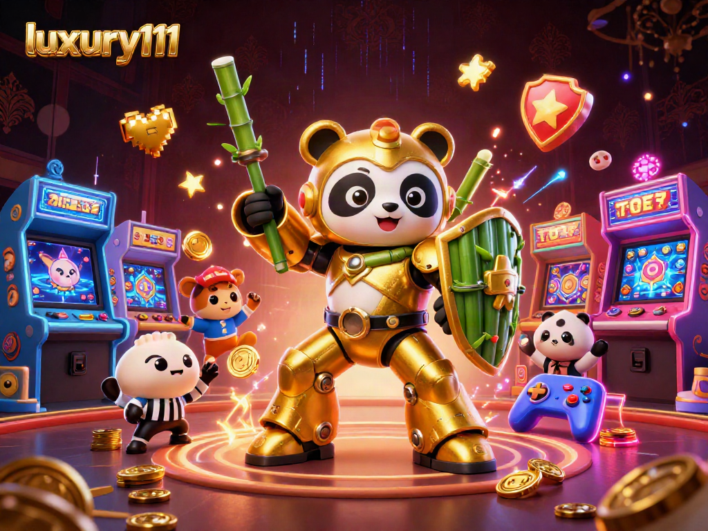 Experience the excitement of luxury111 at this vibrant casino scene with a mech-suit panda.