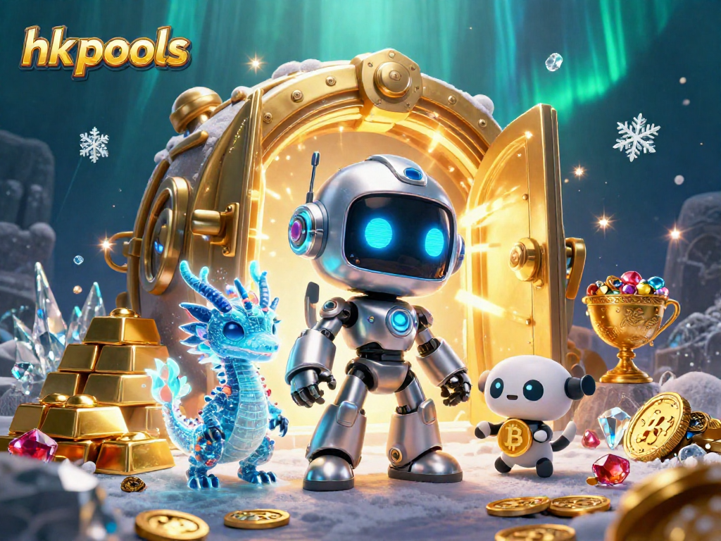 Menghadiri hk pools, robot cyberpunk dengan mata neon biru dikelilingi harta berkilau dan efek magis dalam gambar 3D.