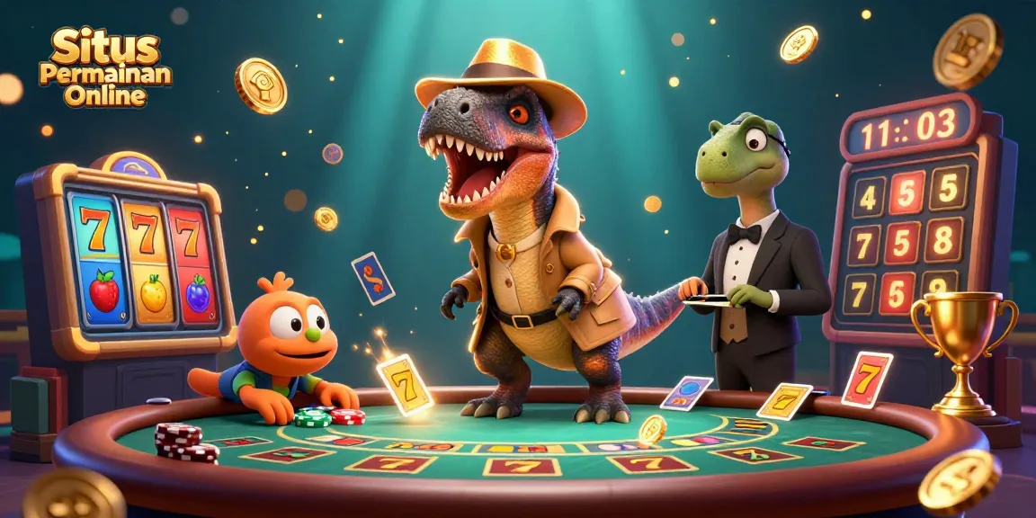 Experience excitement at Situs Permainan Online with a cartoon velociraptor card counter engaged at a blackjack table.