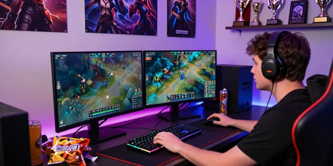 Lingkungan gaming profesional dengan alexistoto bermain di monitor ganda dan suasana intens.