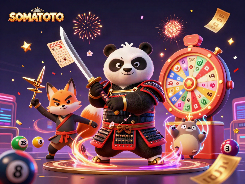 SOMATOTO features a dynamic 3D illustration of a samurai panda and ninja fox in an energetic casino scene.