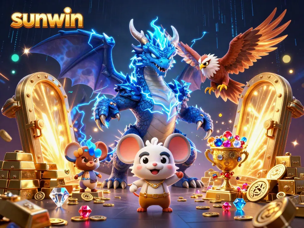 Experience thrilling gaming with sunwin at a vibrant 3D casino featuring animated characters and treasures.
