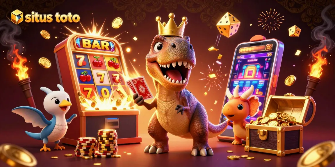Engage with situs toto, where a T-Rex and friends enjoy vibrant casino action in a lively scene.