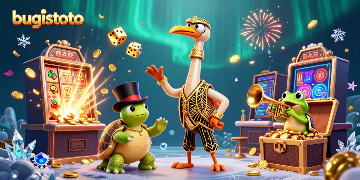 Experience thrilling action with bugistoto as golden coins burst from a massive slot machine in this vibrant 3D illustration.