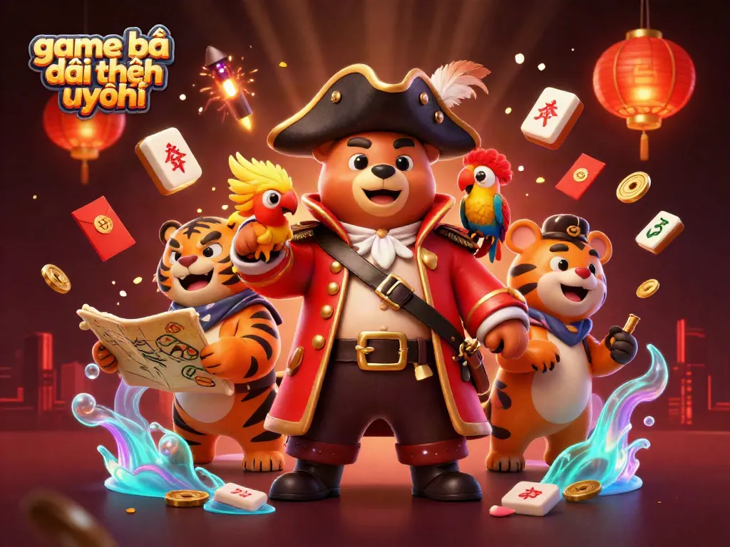 Engage with game bài đổi thưởng uy tín featuring a pirate bear, tiger, and golden parrot in a bustling casino atmosphere.