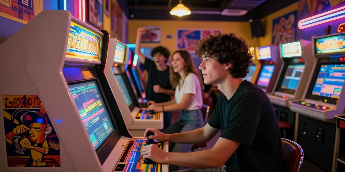 Pengalaman bermain LAZADATOTO dalam suasana nostalgia di arcade dengan cahaya neon cerah.