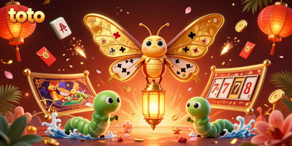 Gambar toto yang menampilkan kupu-kupu 3D dengan sayap emas dan elemen kasino menawan.