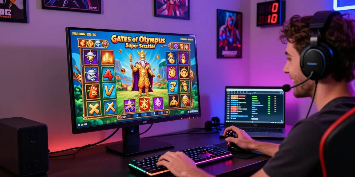 Pengalaman bermain slot online di IMBAGACOR dengan "Gates of Olympus Super Scatter" menampilkan pemain yang bersemangat dan grafik permainan yang cerah.