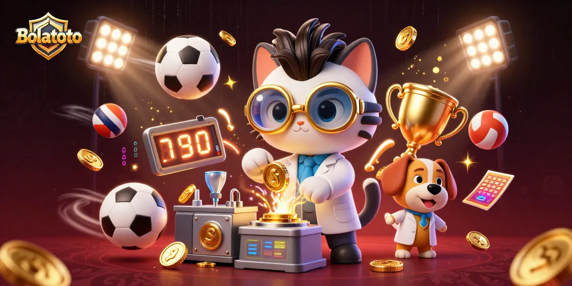 Win big with Bolatoto in this dynamic casino illustration featuring a mad scientist cat and sports elements.