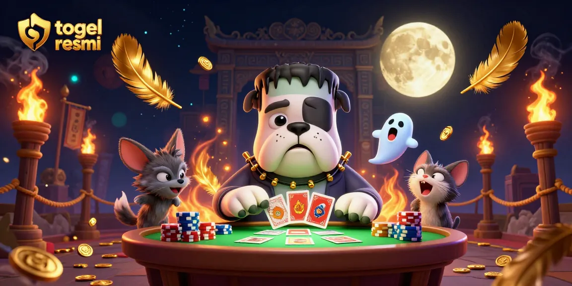 Permainan kartu oleh togel resmi dengan anjing Frankenstein dan kucing werewolf di meja kasino.