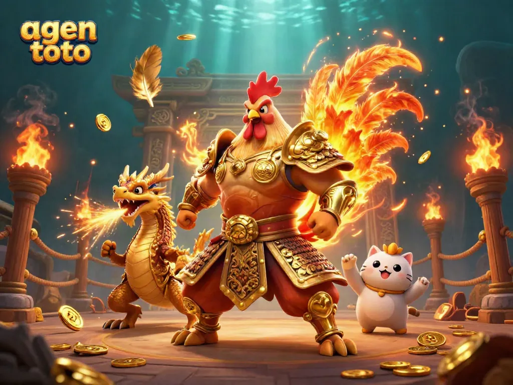 Menghadirkan agen toto dengan ilustrasi petarung ayam dan naga bercahaya, dalam arena judi yang megah.