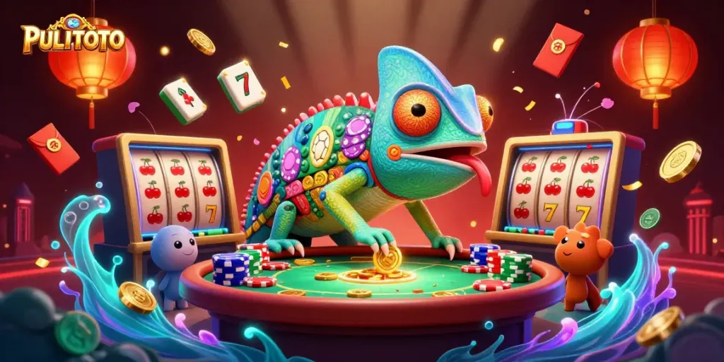 PULITOTO brings exciting casino gameplay to life with a colorful chameleon and dynamic slot symbols.