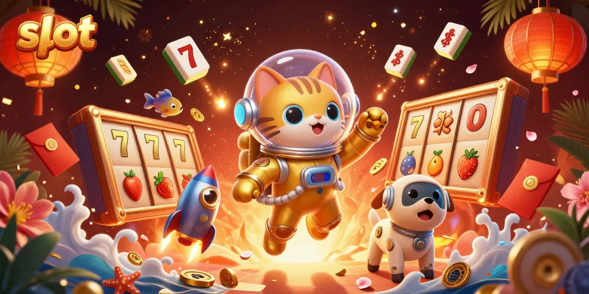 Menggandakan slot dengan karakter kucing astronaut bercahaya dan elemen kasino yang berkilauan.
