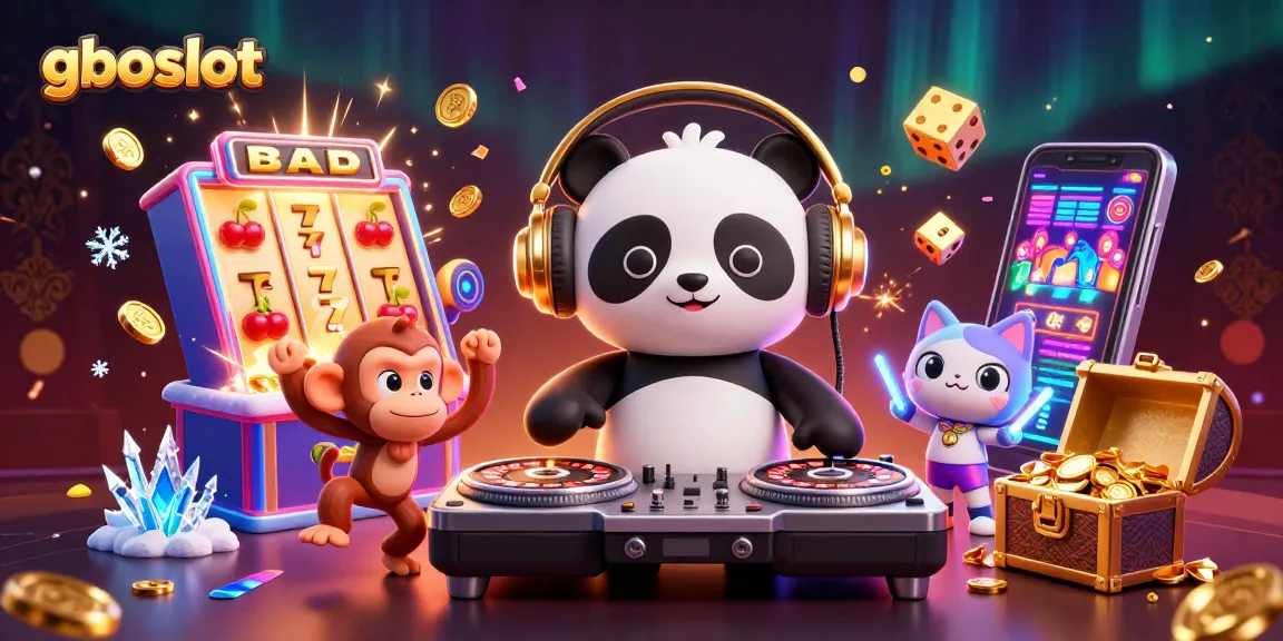 gboslot menghadirkan DJ panda, monyet breakdance, dan kucing dengan glow-stick di latar kasino yang meriah.