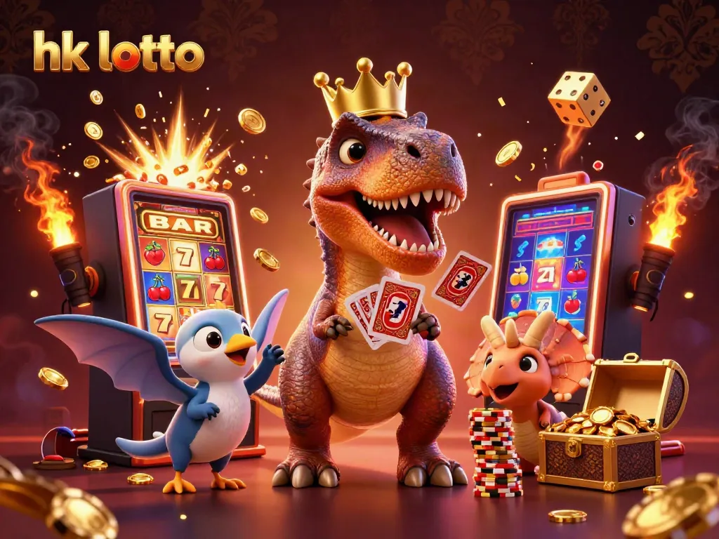 Menampilkan hasil hk lotto dengan ilustrasi T-Rex, pterodactyl, dan triceratops bertema kasino.