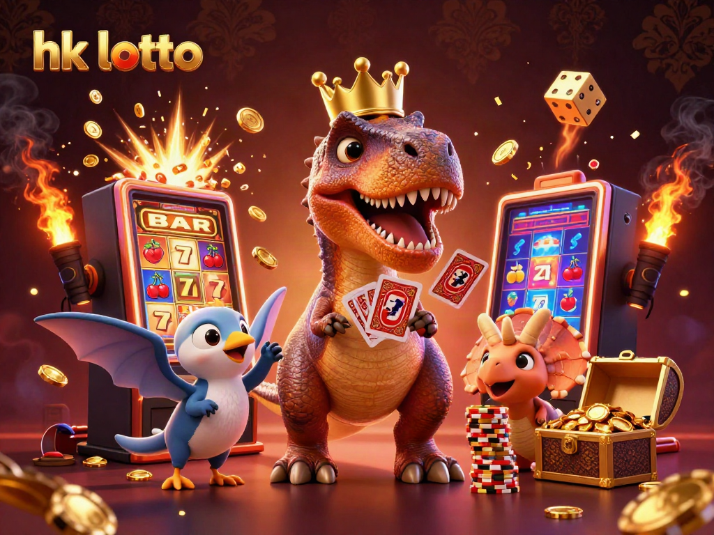 Menampilkan hasil hk lotto dengan ilustrasi T-Rex, pterodactyl, dan triceratops bertema kasino.