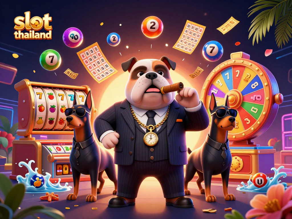 Gambarlah slot thailand dengan simbol hoki di mesin slot dan karakter mafia lucu.