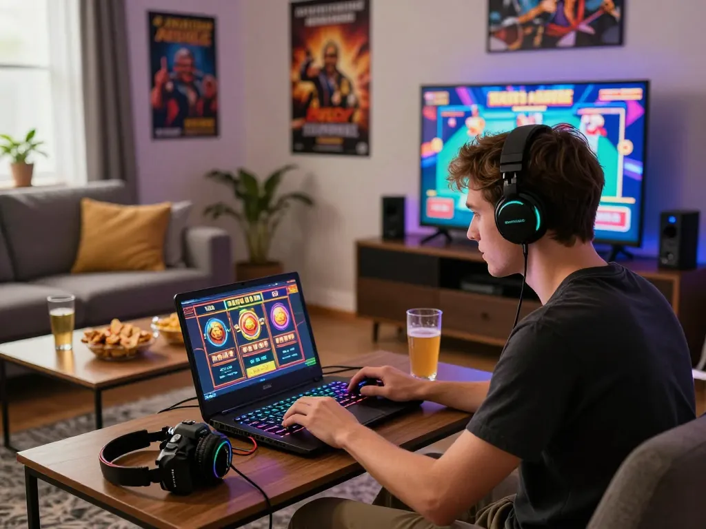Nikmati sensasi permainan slot virus88 dalam suasana ruang tamu yang energik, menampilkan dekorasi dan aksesori yang cerah.