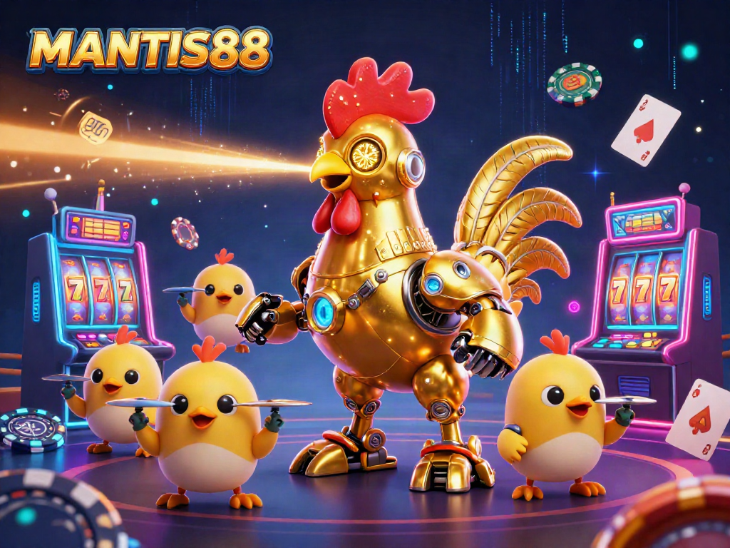MANTIS88 showcases a vibrant animated scene featuring a golden rooster robot and neon gambling elements.