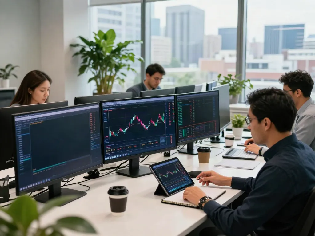 MEXC US Stocks trading professionals analyzing market data in a modern office.