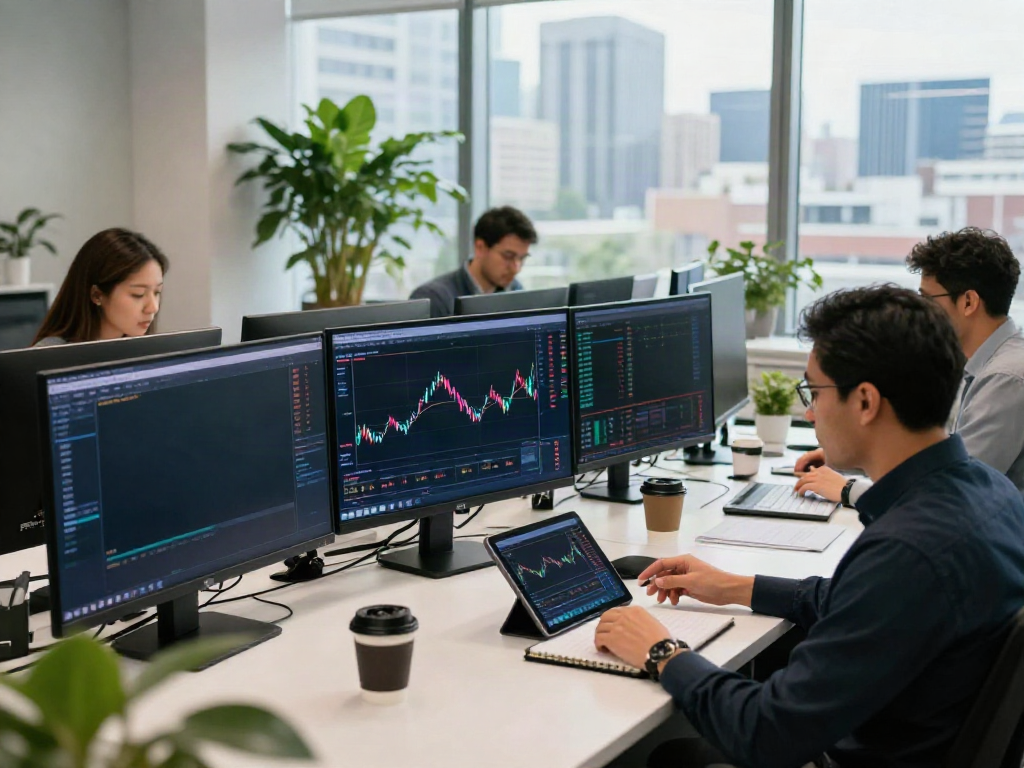 MEXC US Stocks trading professionals analyzing market data in a modern office.