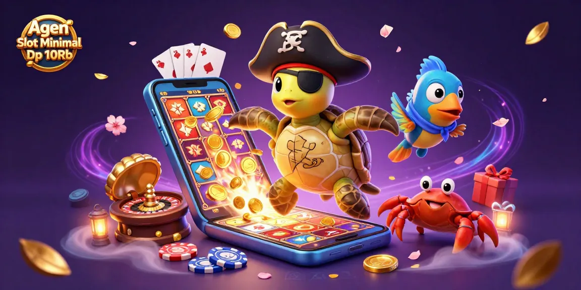 Agen Slot Minimal Dp 10Rb features a pirate turtle and colorful slot game elements amid rich treasures.