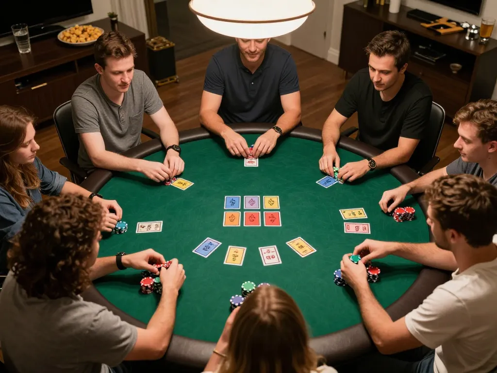 LGO99 Situs Game Online Terpercaya Di INDONESIA showcasing an engaging poker game in a vibrant home setting.