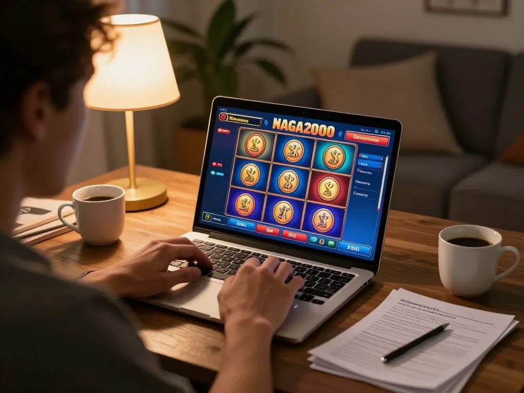 NAGA2000 online gaming experience with a player engaging on a laptop in a cozy home setting.