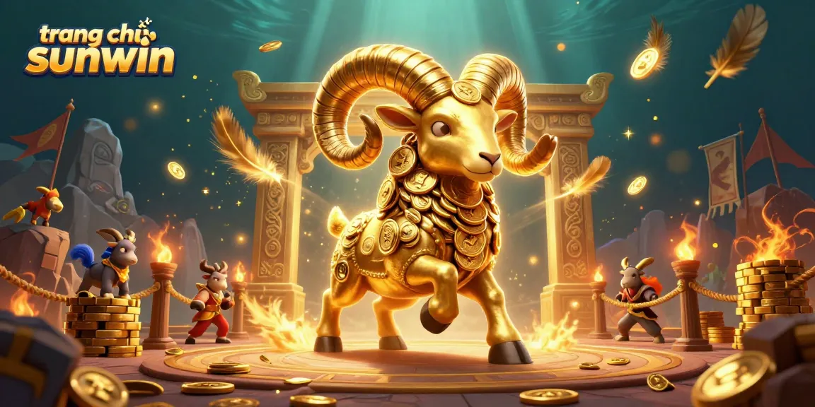 Experience excitement at trang chủ sunwin with a thrilling 3D illustration of a golden ram charging through a casino scene.
