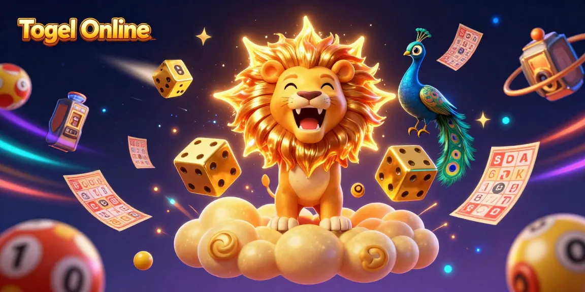 Menangkan Togel Online dengan gambar interaktif dari singa berwarna-warni dan elemen perjudian yang penuh kegembiraan.