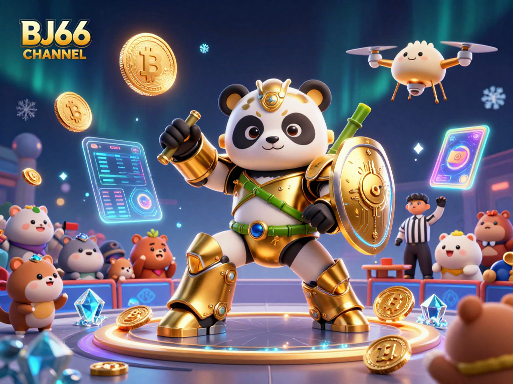BJ66 CHANNEL showcases a thrilling mech-suit panda robot in a vibrant gambling arena with cheering spectators.