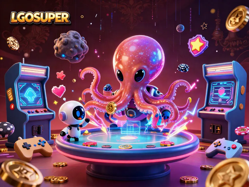 Play at LGOSUPER with a holographic poker table, vibrant game characters and exciting casino elements.
