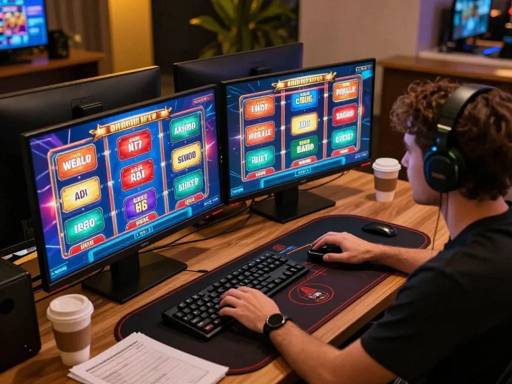 Engaging online gaming experience at jus77 with vibrant screens and focused player