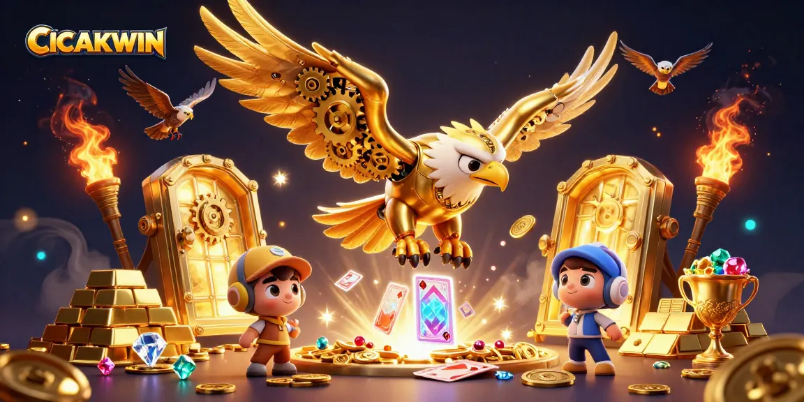 CICAKWIN offers thrilling casino gaming experiences, showcasing a cybernetic eagle amid riches and games.