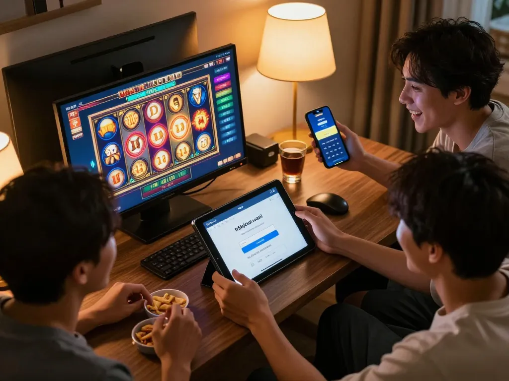Pemain merayakan kemenangan di perangkat sambil menggunakan link login qqslot resmi untuk permainan online