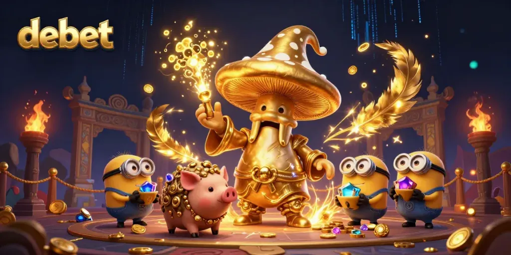 Experience the magical world of debet with a golden mushroom wizard and treasure